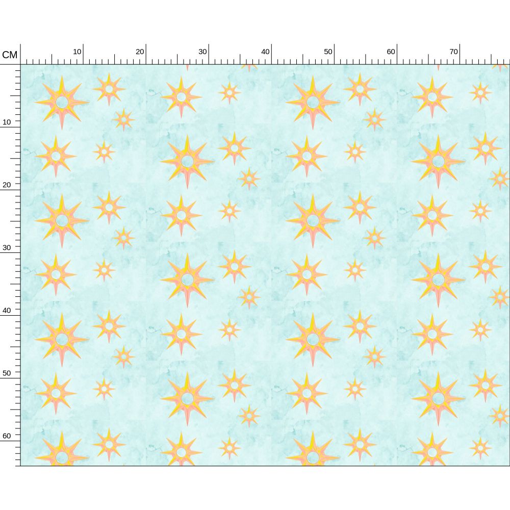 Melammu 8 point gold and pink 3d star on light blue fabric