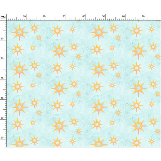 Melammu artist textiles fabric dark yellow pink 3d illustrated 8 point stars on light blue textured designer fabric