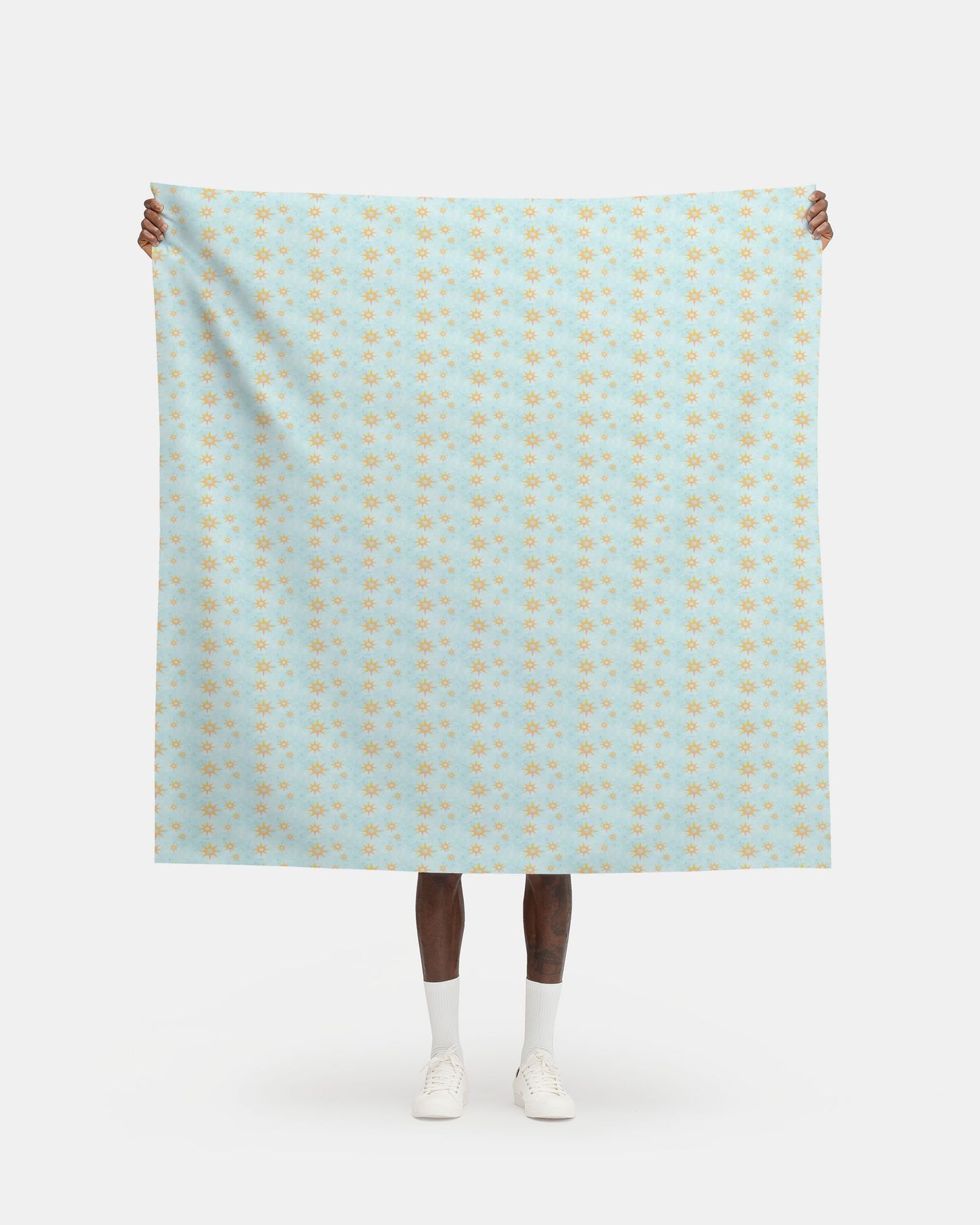 Melammu 8 point gold and pink 3d star on light blue fabric