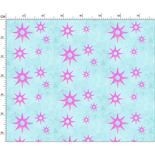 Melammu intricate ink-illustrated 3D pink peach stars on textured light blue sacred geometry textiles fabric design