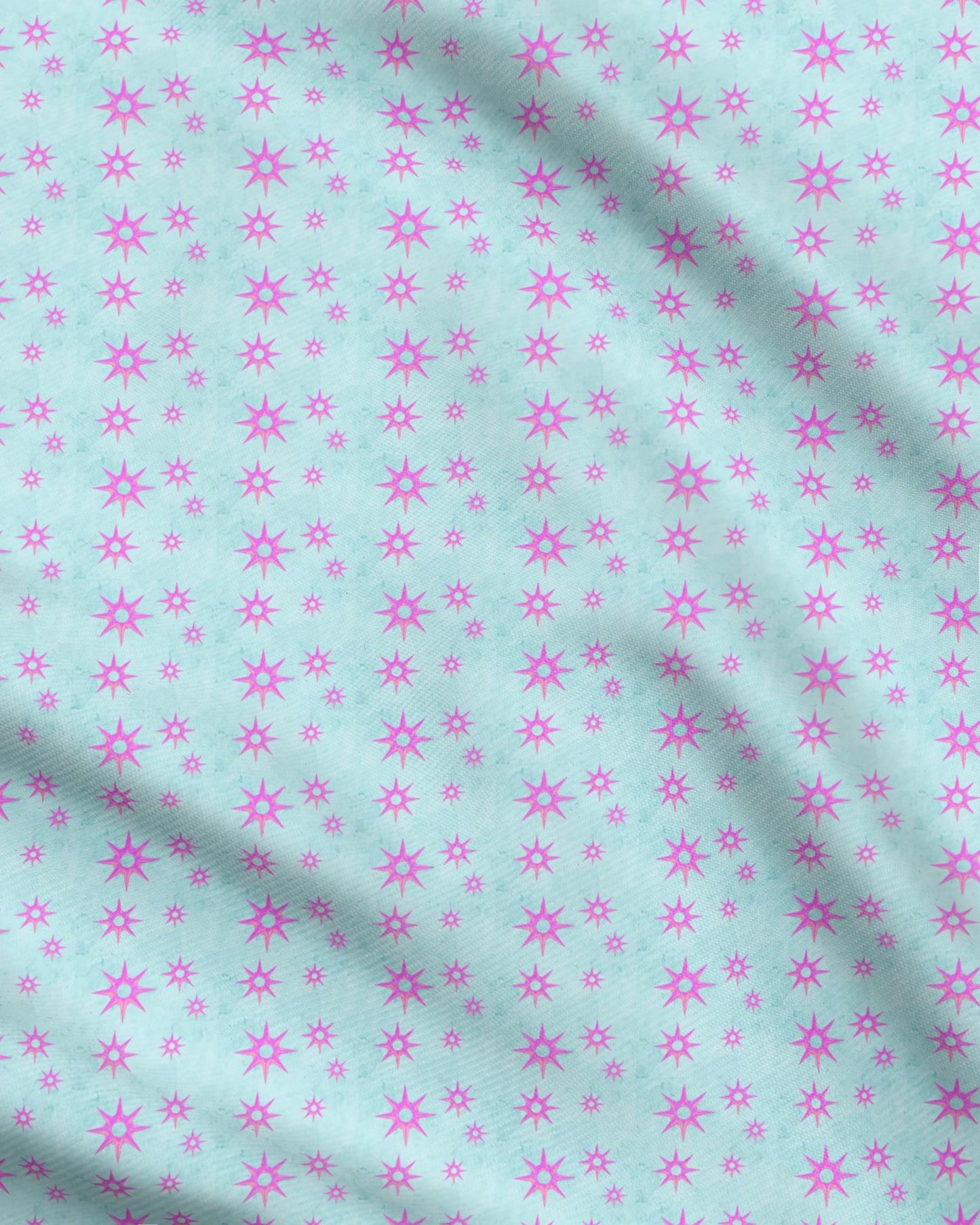 Melammu dark pink and peach 3d 8 point stars with light blue fabric