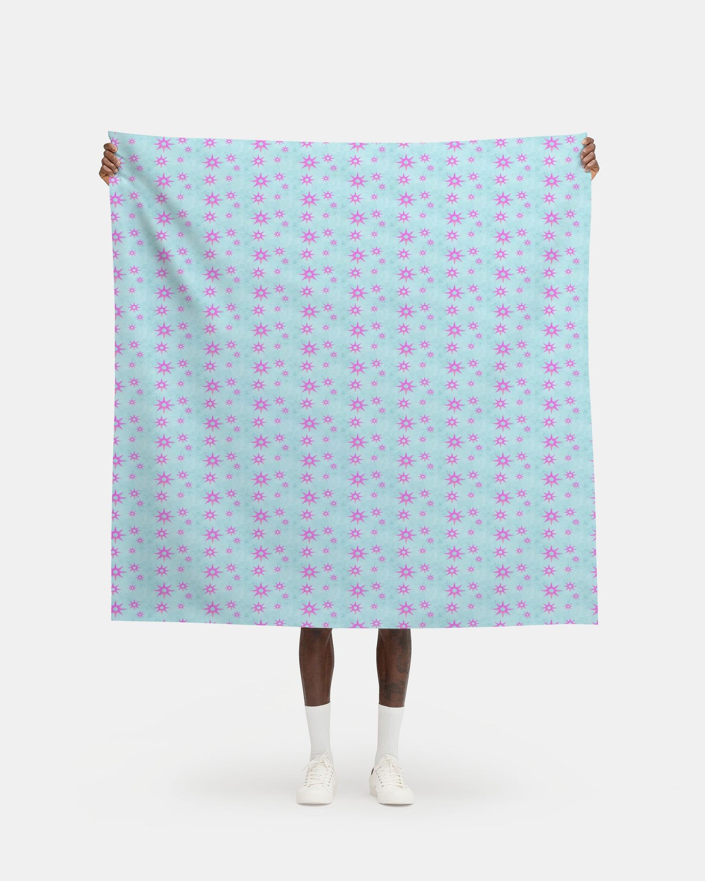 Melammu dark pink and peach 3d 8 point stars with light blue fabric