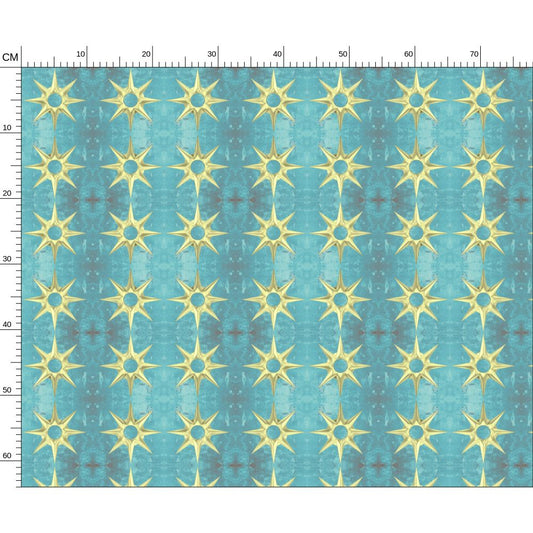 Gold 8 point star on mottled cyan designer geometric  textiles artist fabric by Melammu