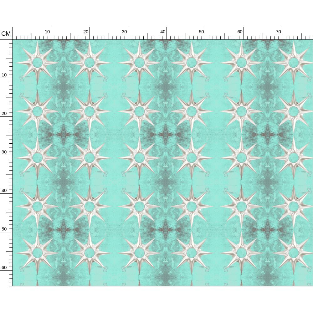 Melammu 3d silver 8 point star on mottled cyan back fabric