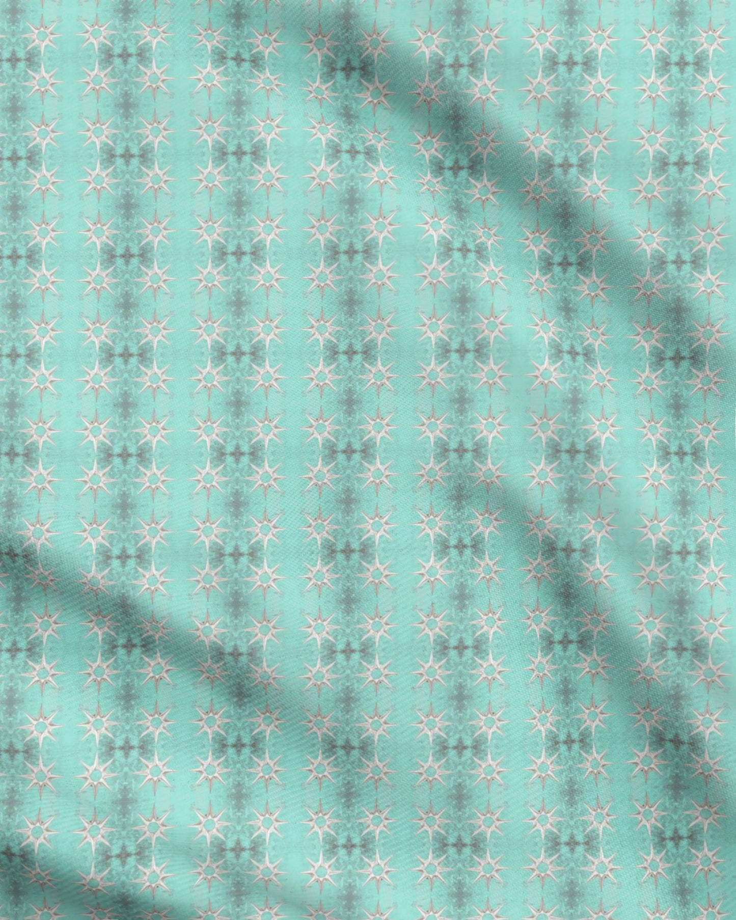 Melammu 3d silver 8 point star on mottled cyan back fabric