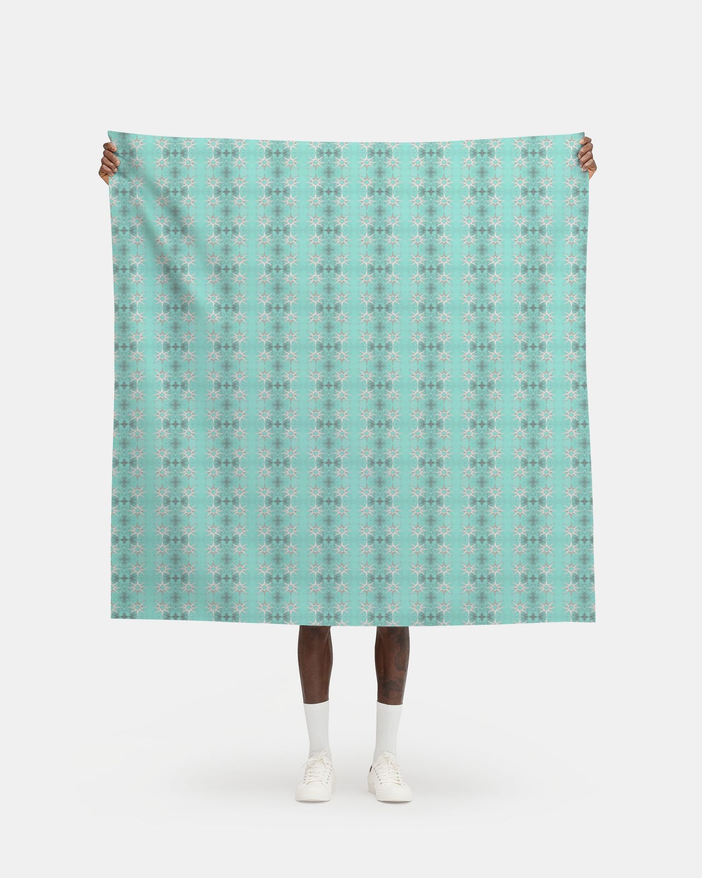 Melammu 3d silver 8 point star on mottled cyan back fabric