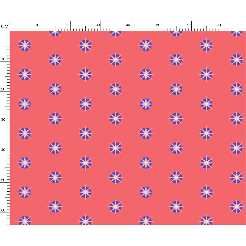 Melammu 8 point star in pink/blue circle on reddish pink fabric