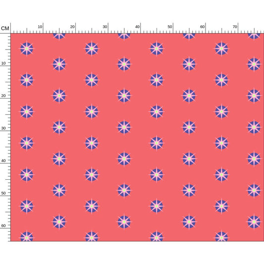 Pink and navy celestial 8 point star circles on bright pink sacred mystical Melammu fabric textiles geometric design