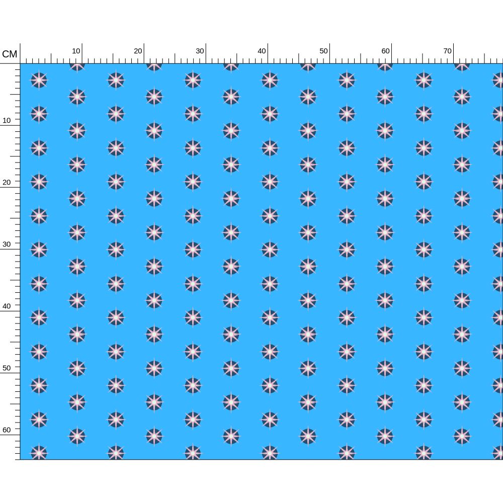 Melammu celestial 8 point pink star/blue circle on light blue fabric