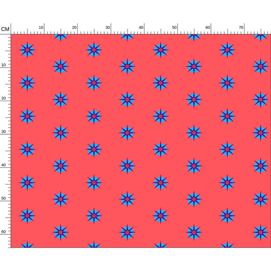 blue and purple celestial 8 point stars on bright pink sacred mystical Melammu fabric textiles geometric design