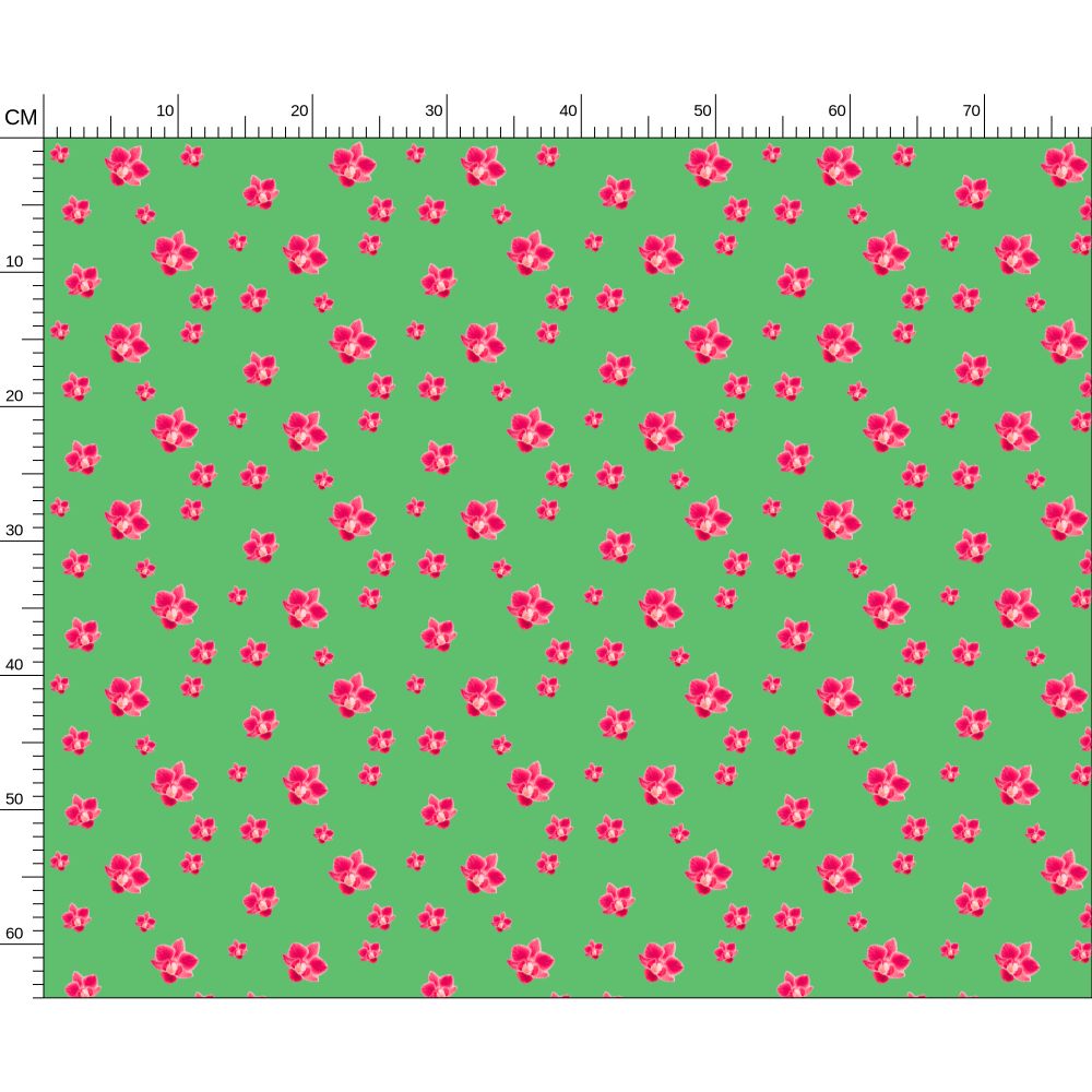Melammu bright pinky red orchid on green fabric