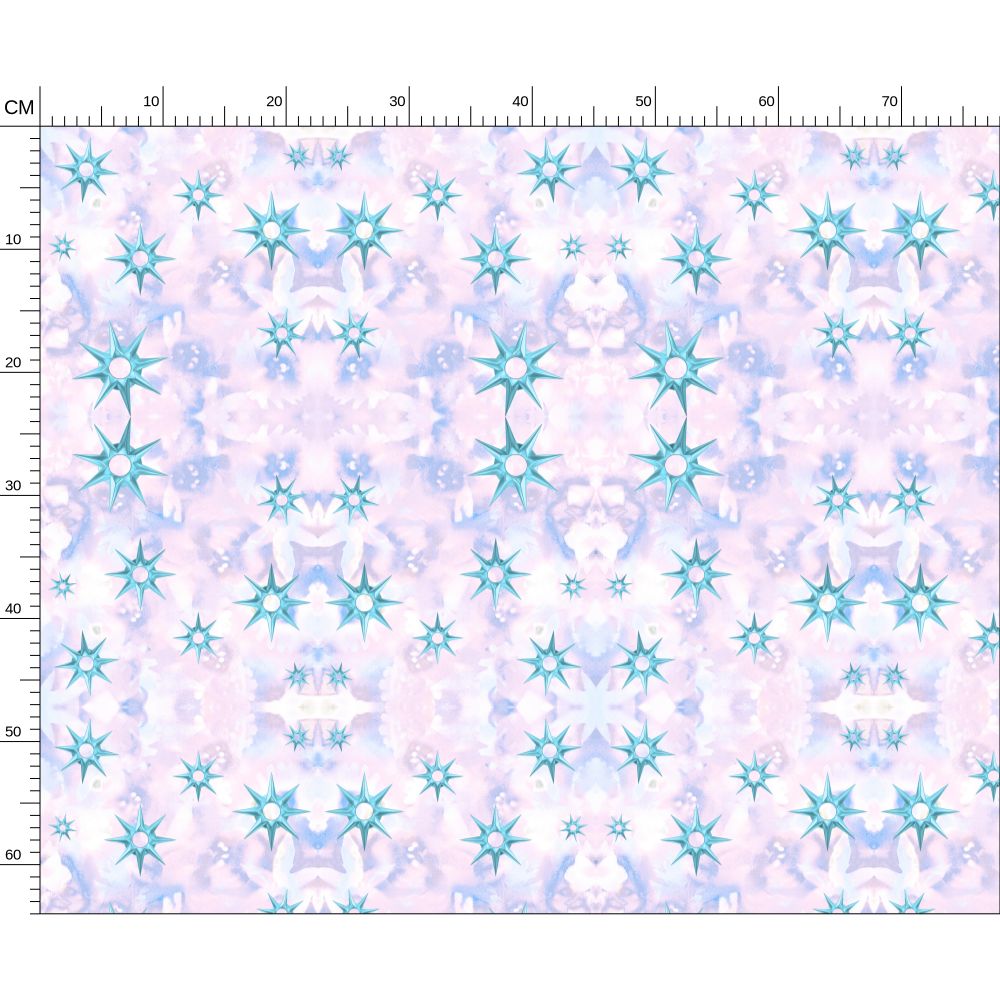 Melammu celestial metallic blue stars on pink lilac botanical fabric