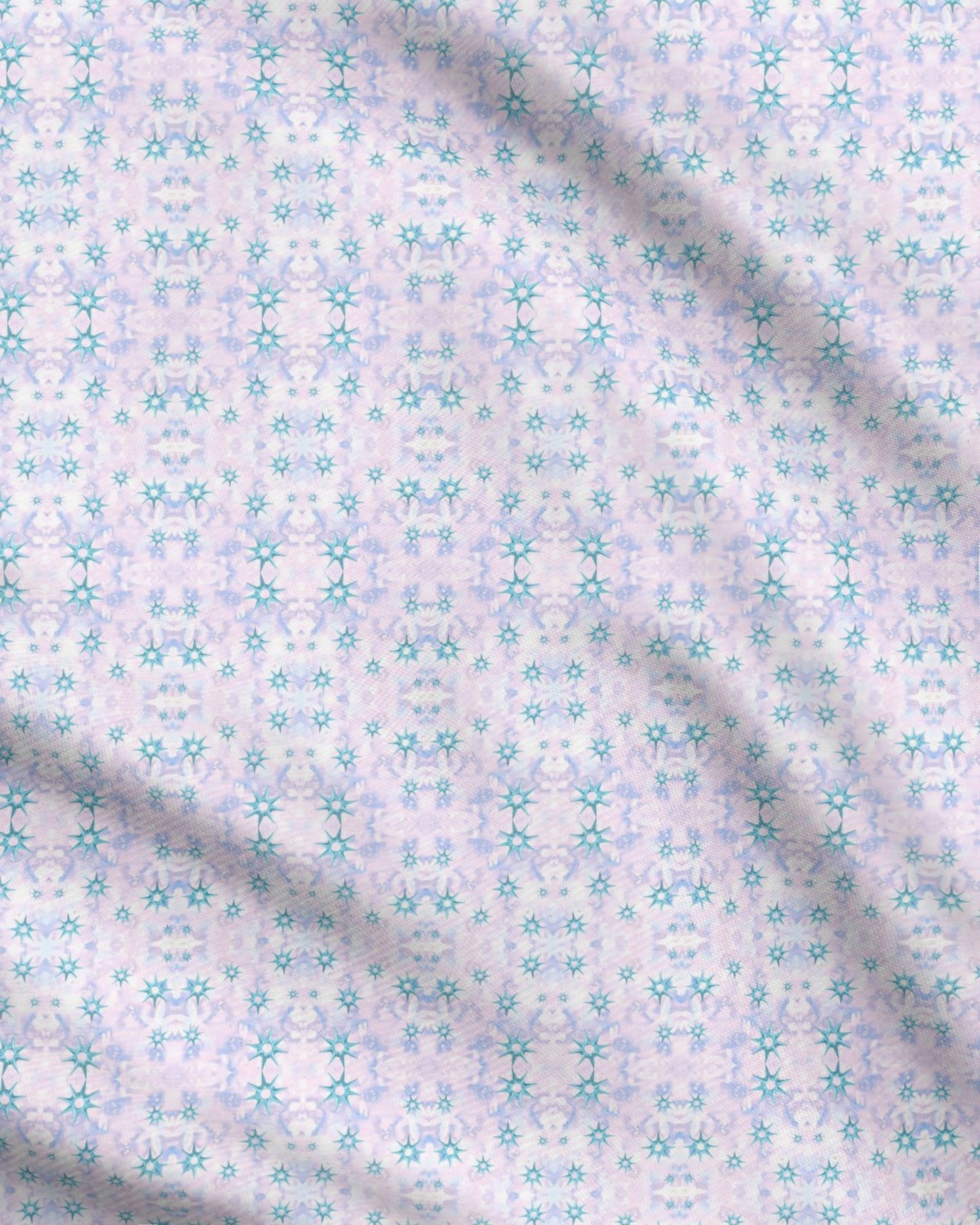Melammu celestial metallic blue stars on pink lilac botanical fabric