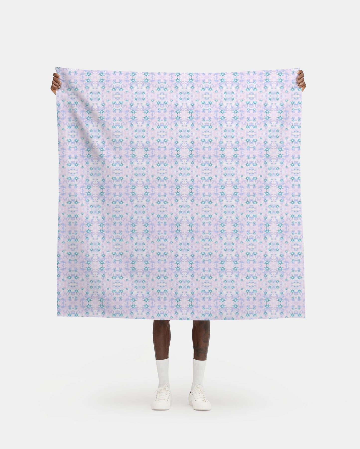 Melammu celestial metallic blue stars on pink lilac botanical fabric