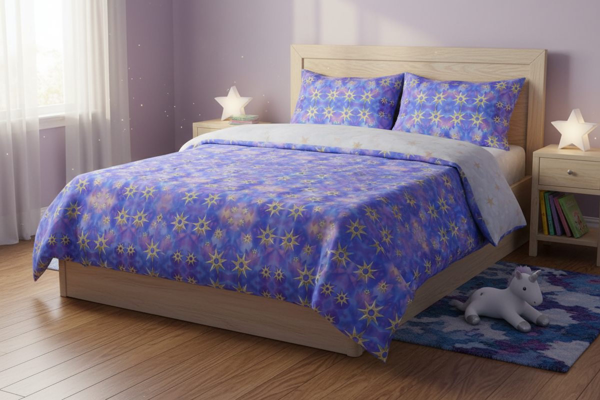 gold celestial stars blue purple botanical ethereal sacred mystical bold celestial Melammu fabric textiles geometric design
