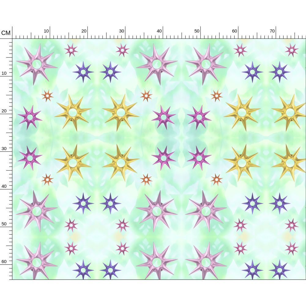 Melammu multicolour 3d metallic stars on green botanical fabric