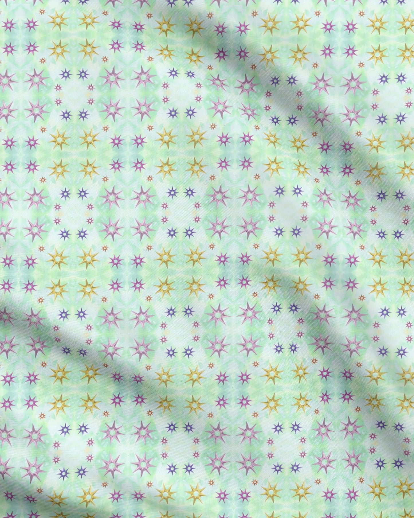 Melammu multicolour 3d metallic stars on green botanical fabric
