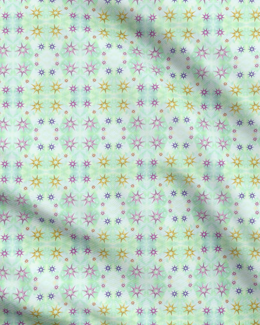 multicoloured celestial stars green botanical ethereal sacred mystical bold celestial Melammu fabric textiles geometric design
