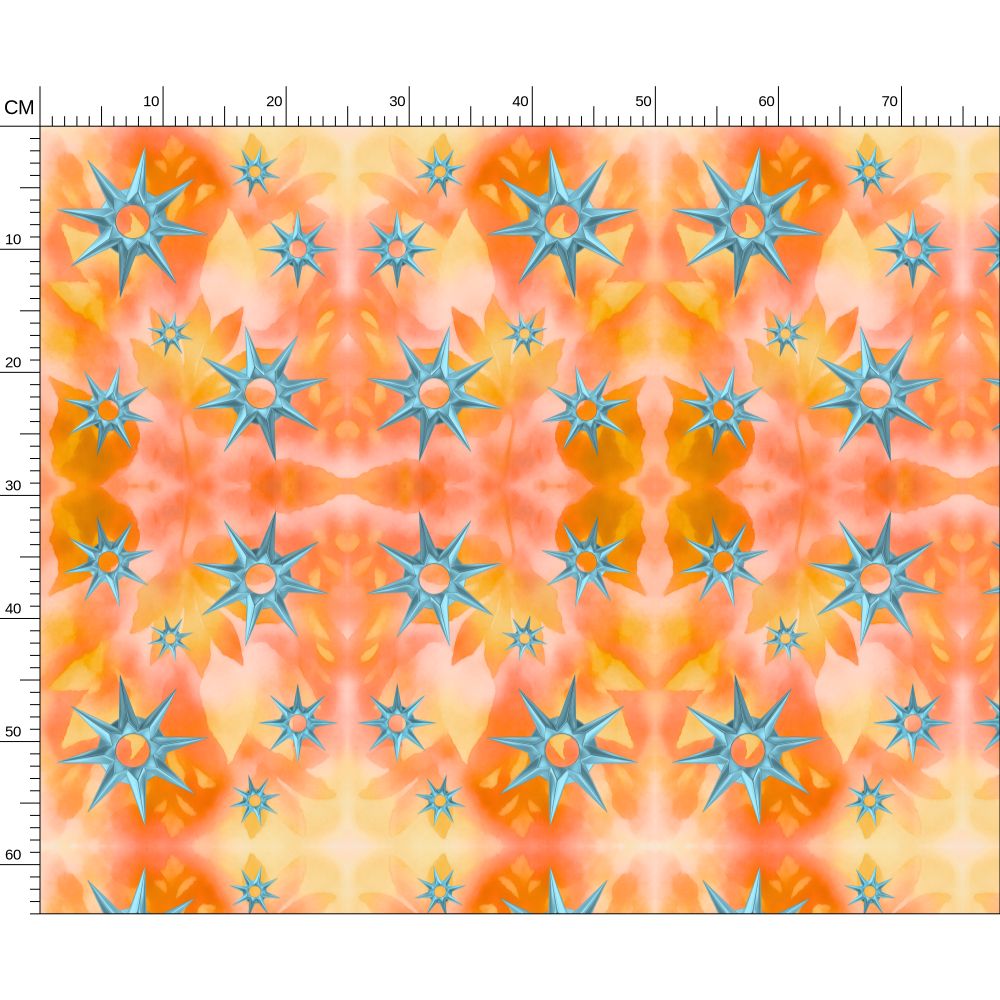 Melammu metallic blue star on orange and yellow botanical fabric