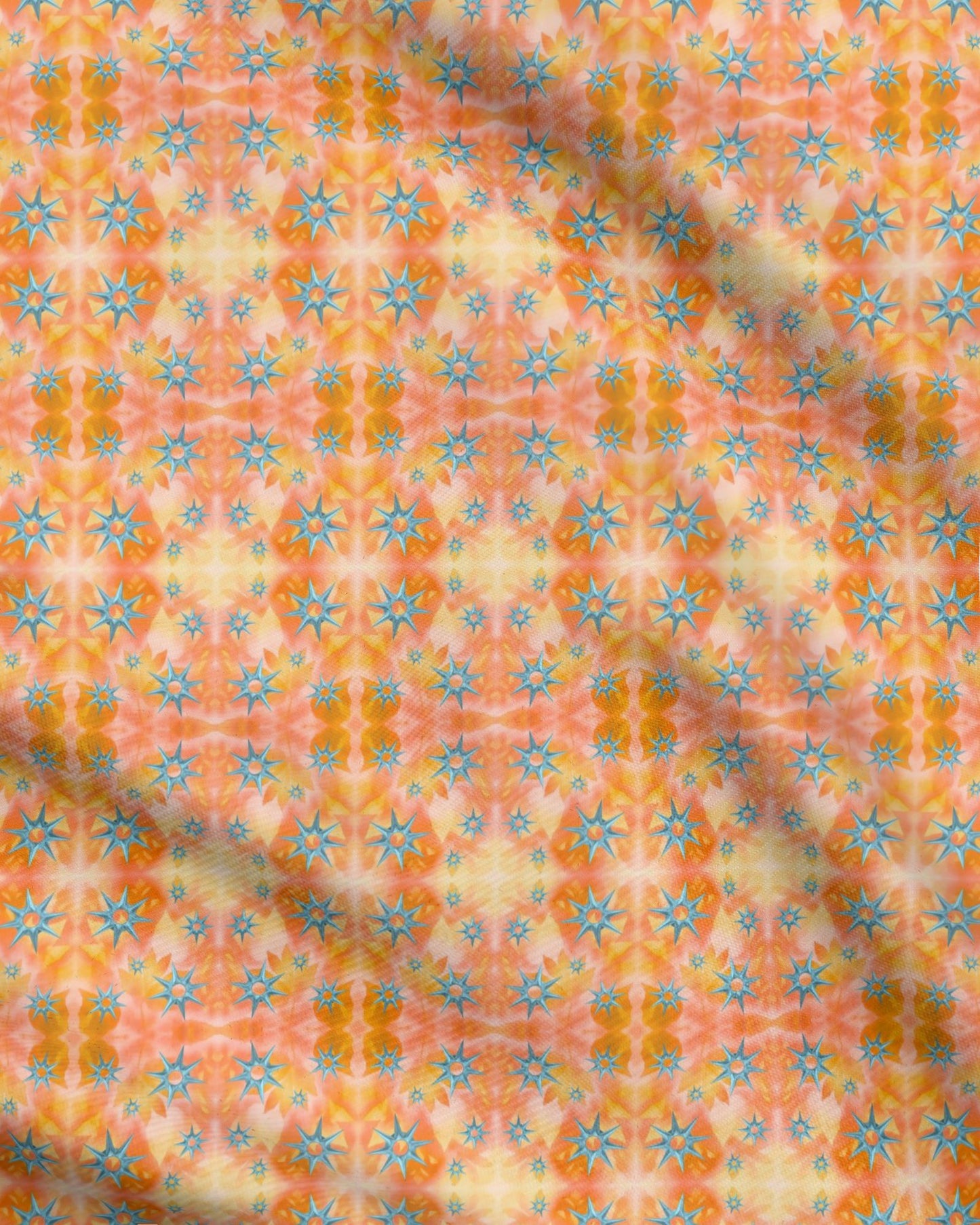 Melammu metallic blue star on orange and yellow botanical fabric