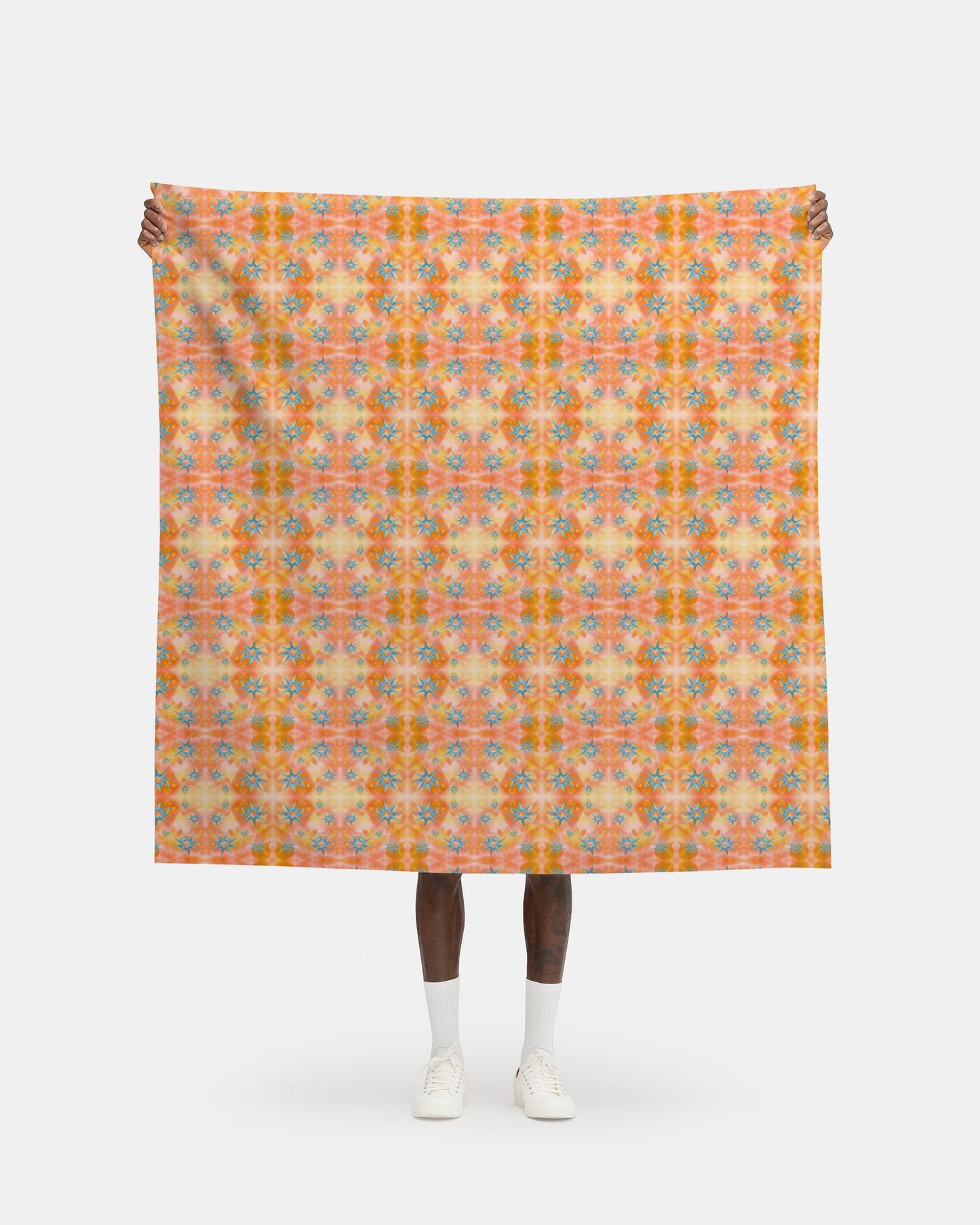 Melammu metallic blue star on orange and yellow botanical fabric