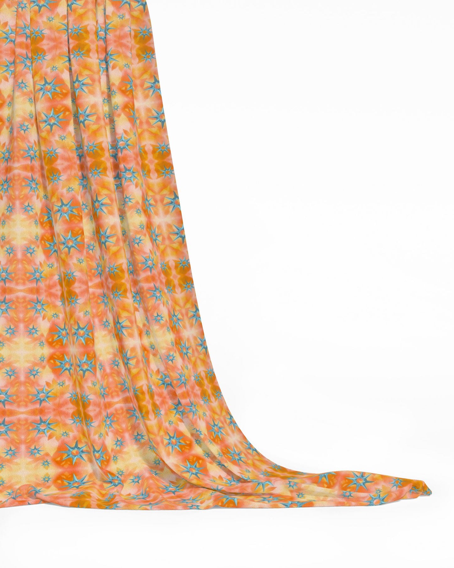 Melammu metallic blue star on orange and yellow botanical fabric