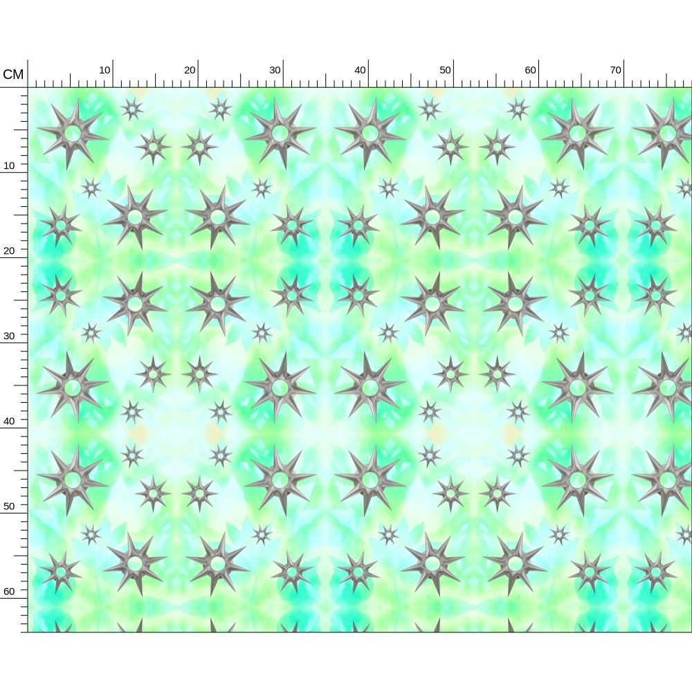 Melammu grey metallic stars on green and blue botanical print fabric
