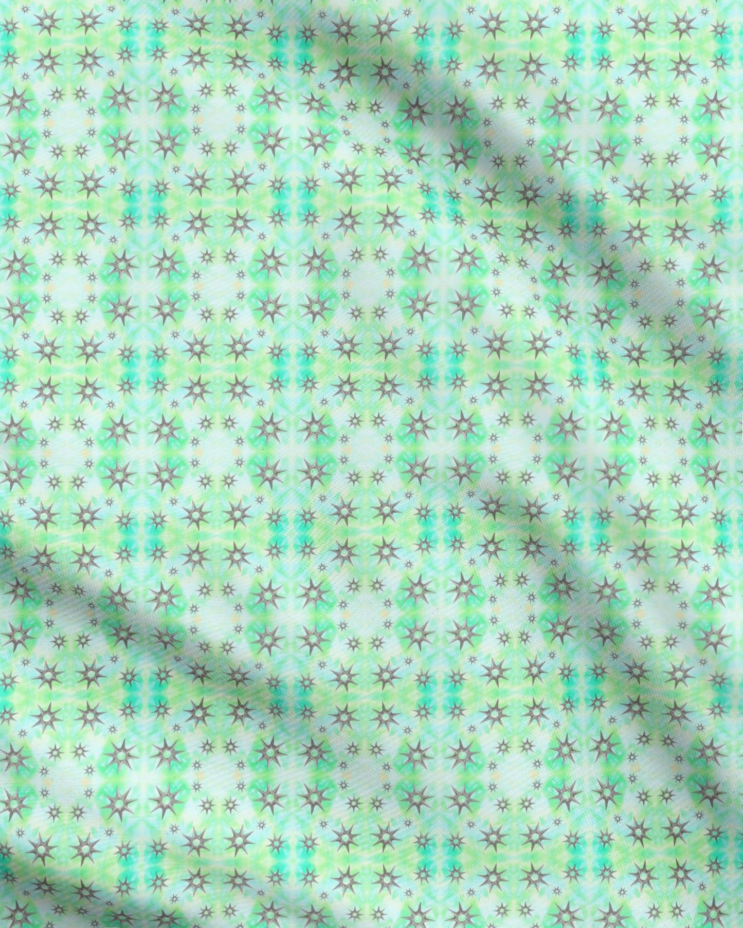 Melammu grey metallic stars on green and blue botanical print fabric