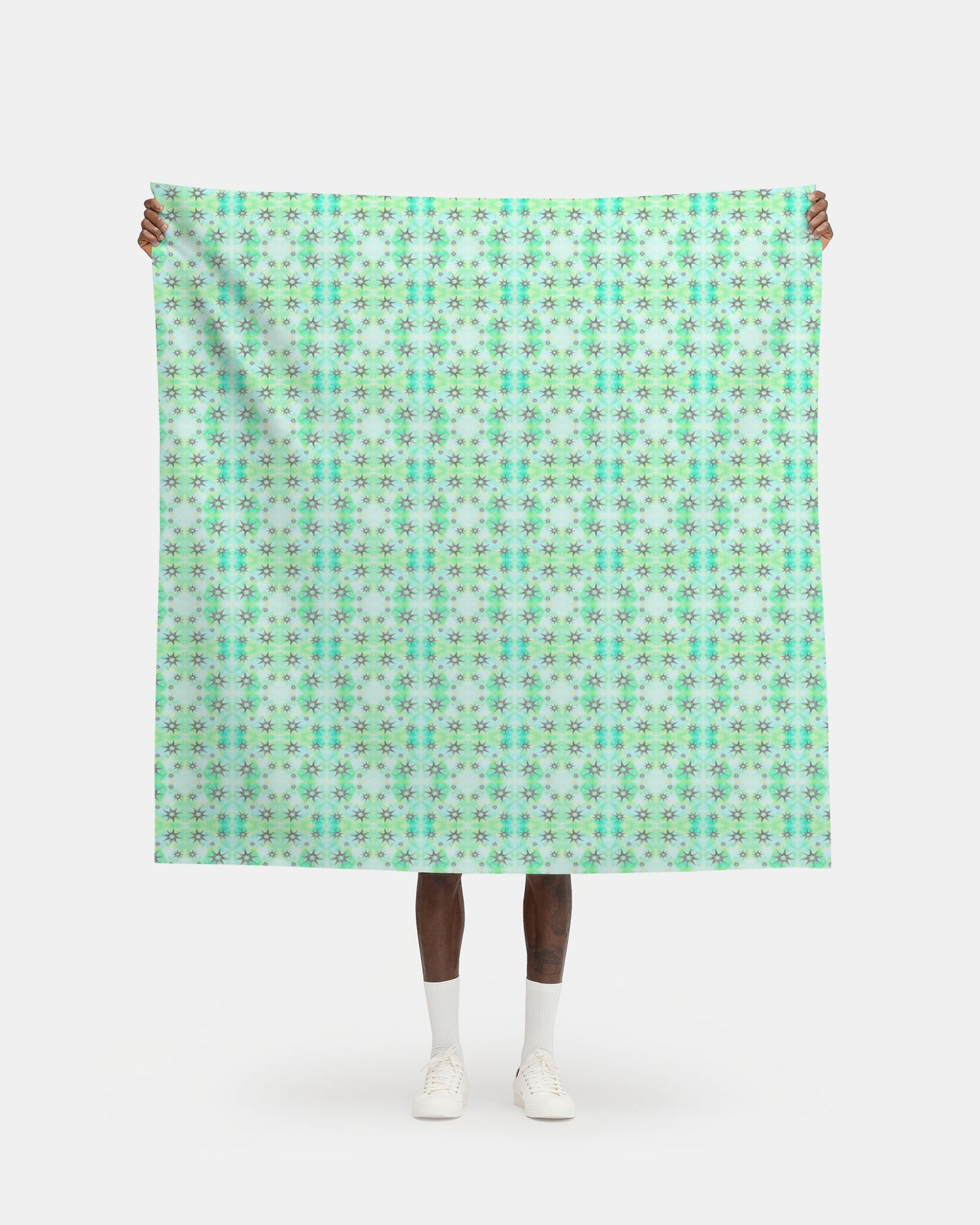 Melammu grey metallic stars on green and blue botanical print fabric
