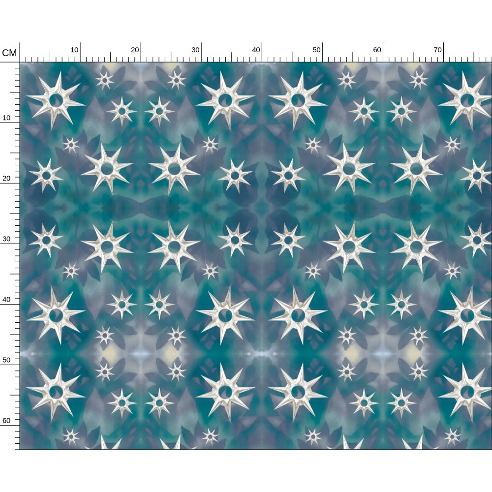 Melammu celestial silver 3d stars on navy green fabric