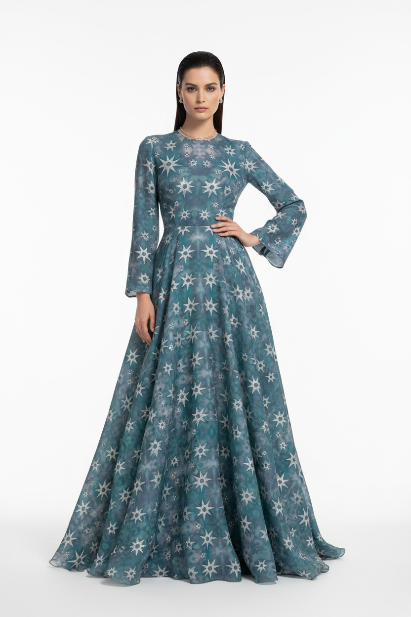 silver celestial stars on navy botanical  ethereal sacred mystical bold celestial Melammu fabric textiles multicoloured design