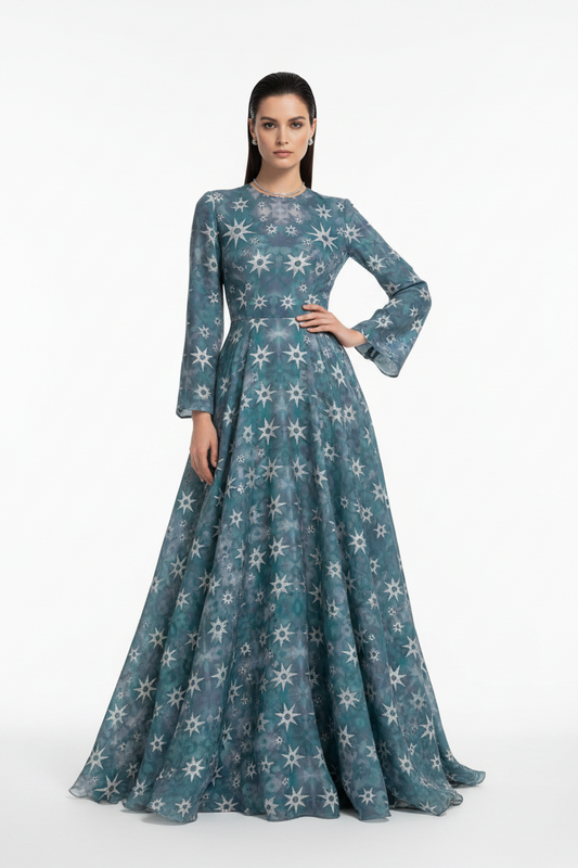 silver celestial stars on navy botanical  ethereal sacred mystical bold celestial Melammu fabric textiles multicoloured design