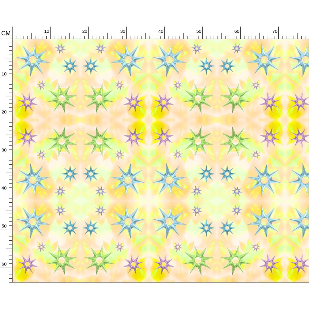 Melammu multicolour metallic star on yellow botanical fabric