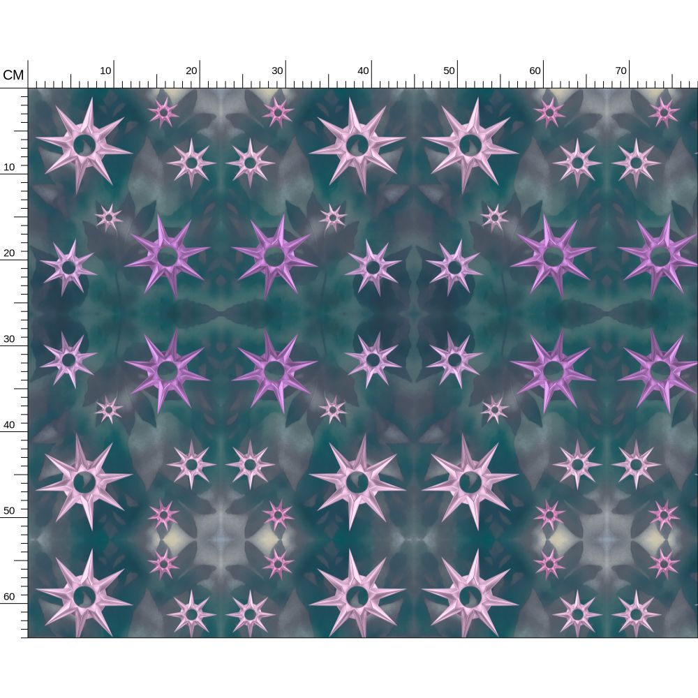 Melammu metallic pink and purple stars on navy green botanical fabric