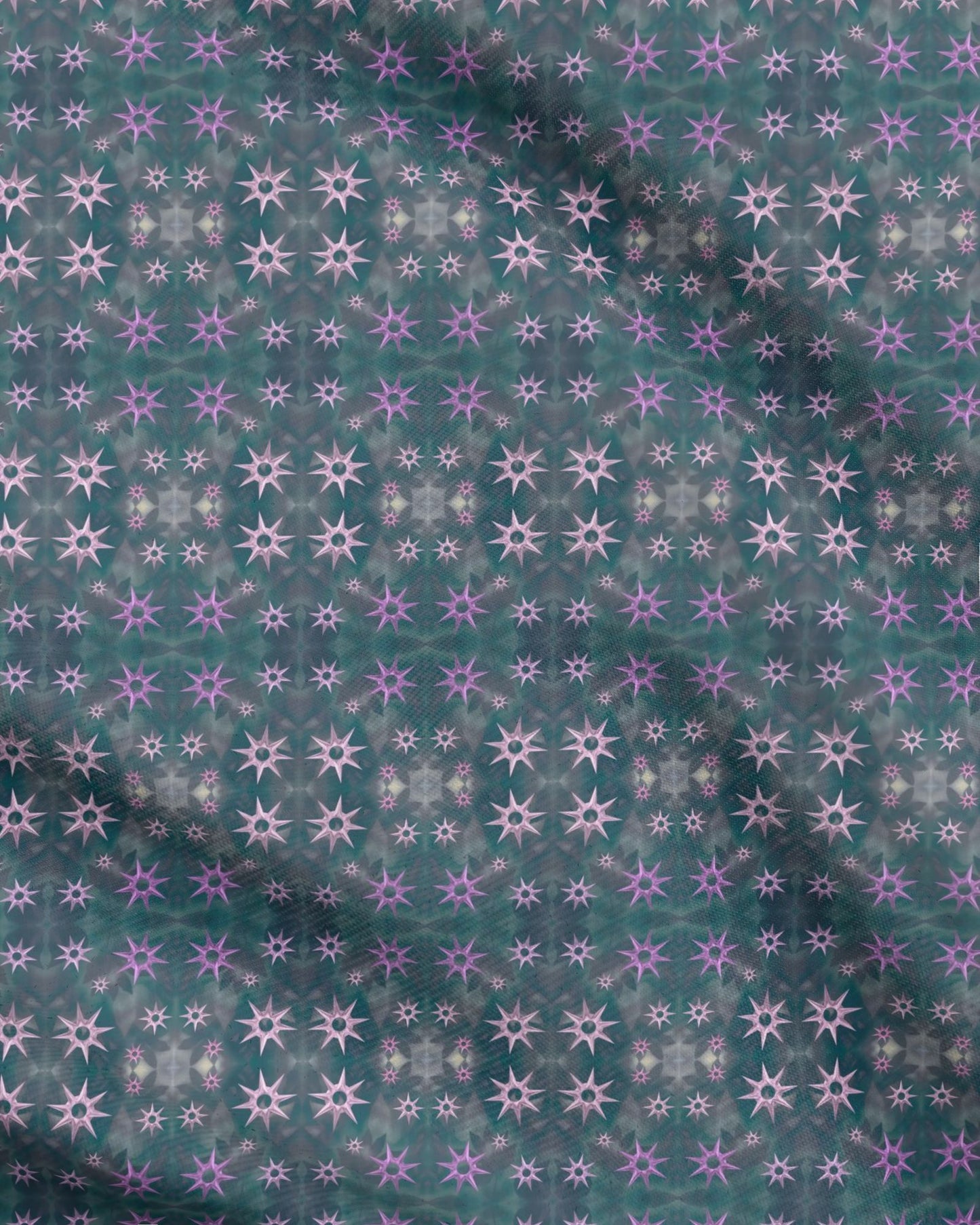 Melammu metallic pink and purple stars on navy green botanical fabric