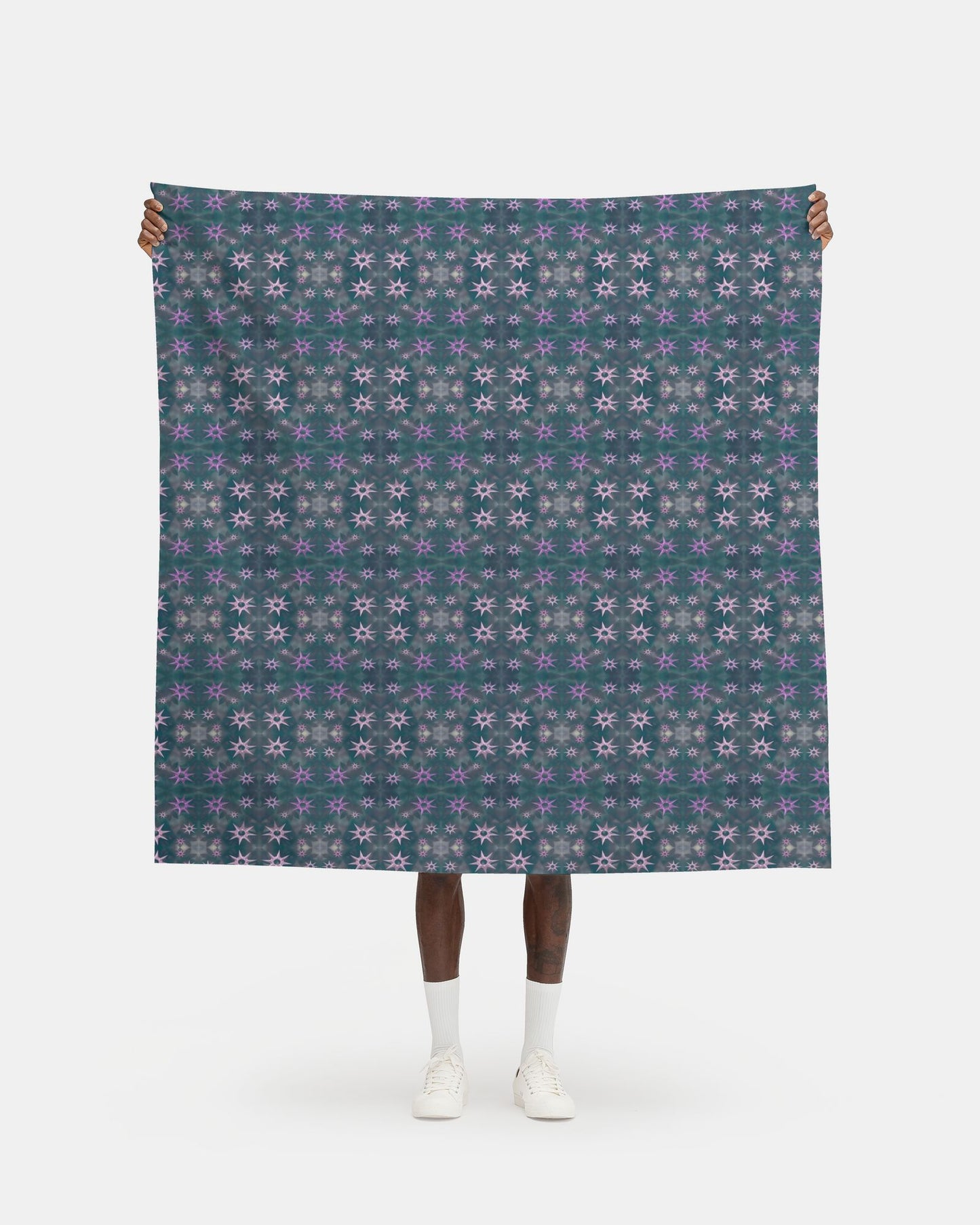 Melammu metallic pink and purple stars on navy green botanical fabric