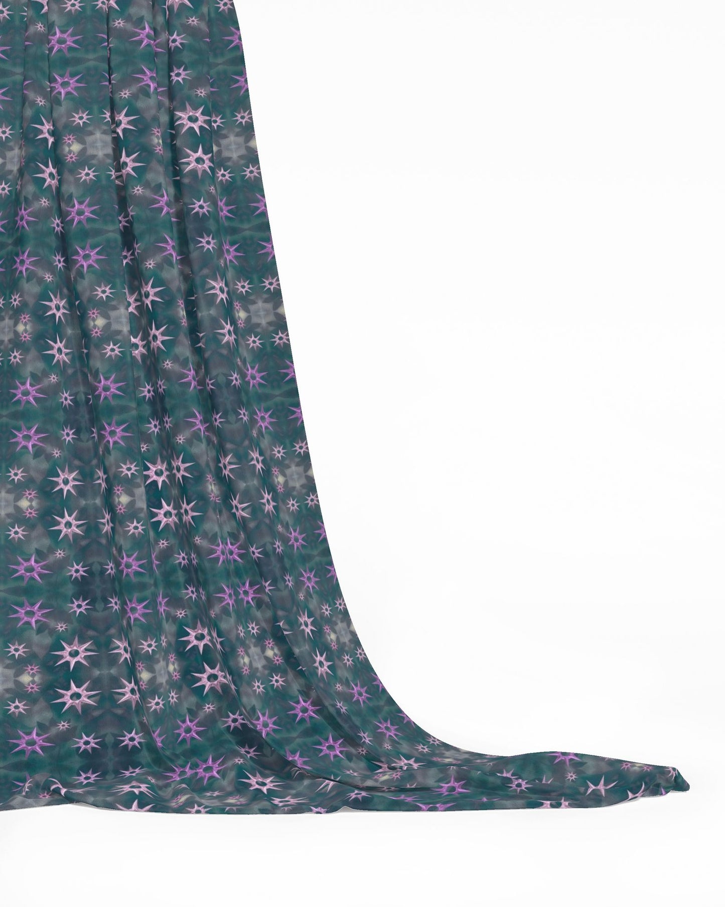 Melammu metallic pink and purple stars on navy green botanical fabric