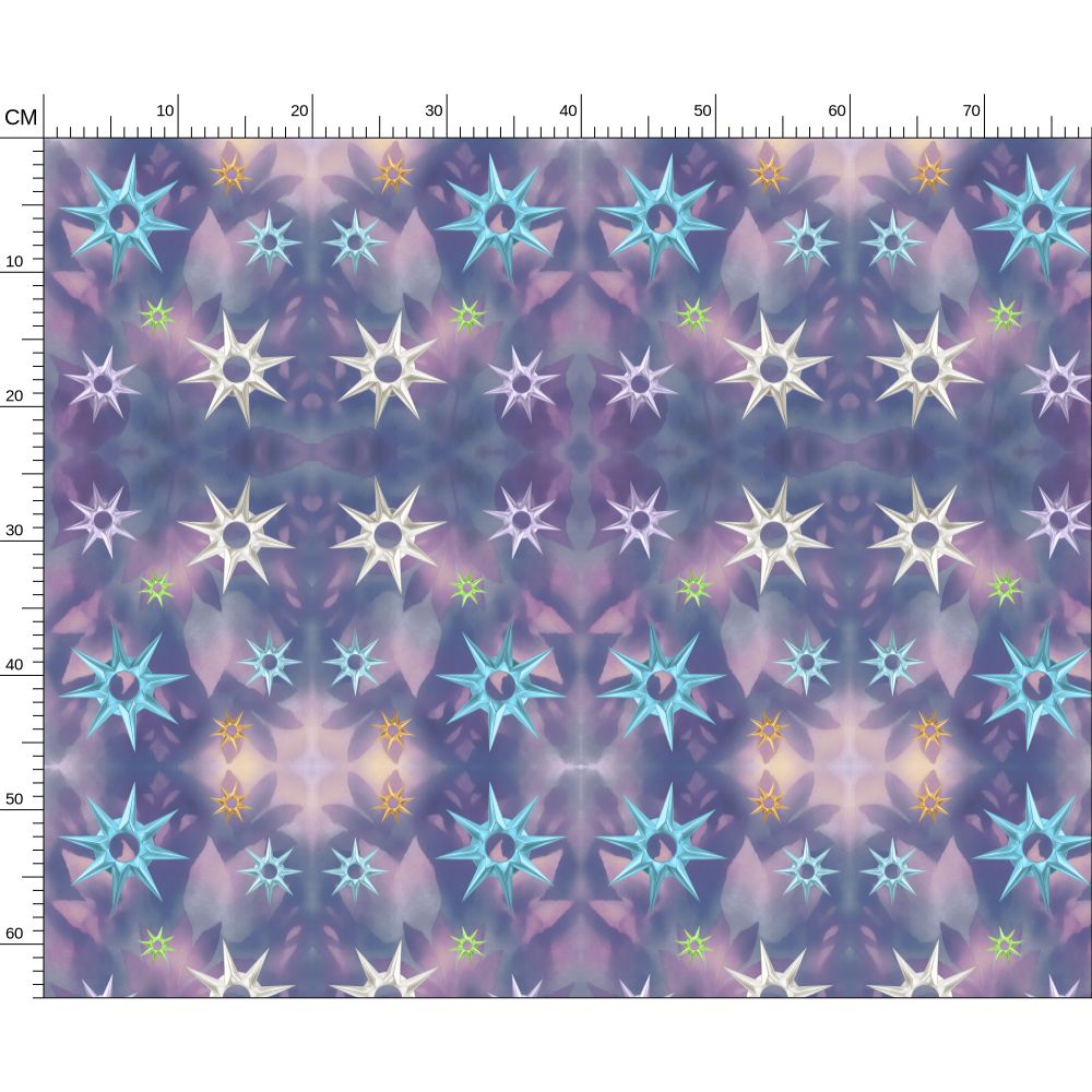 Melammu multicolour metallic stars on purple botanical fabric