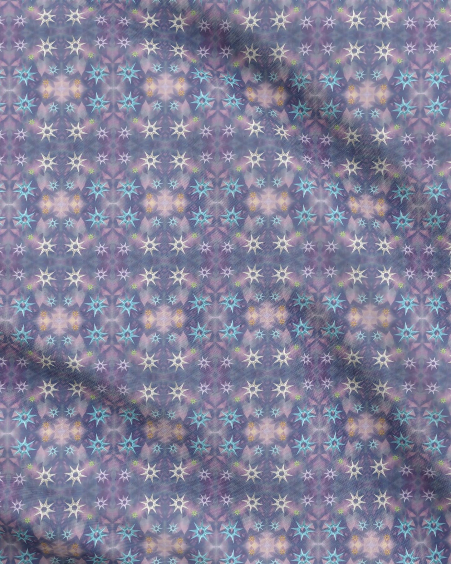 Melammu multicolour metallic stars on purple botanical fabric