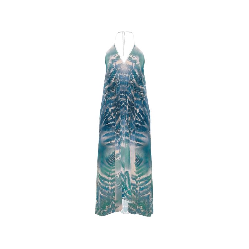 halterneck melammu designer fern spray art dress shagreen blue white fabric trending botanical fashion