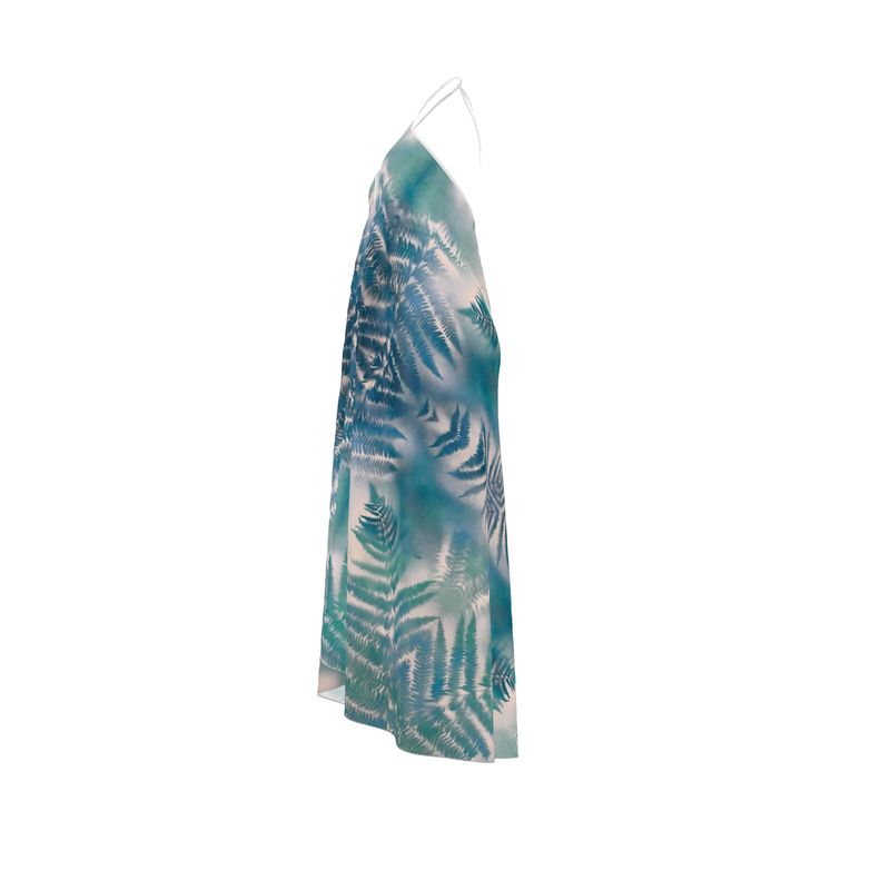 halterneck melammu designer fern spray art dress shagreen blue white fabric trending botanical fashion