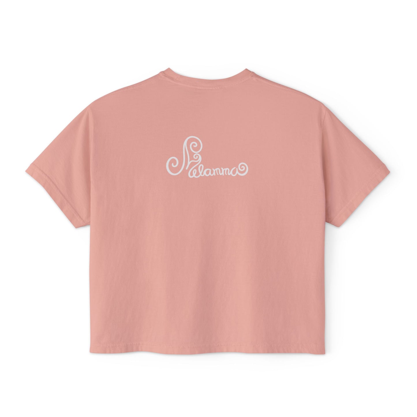 Melammu 8-point star boxy tee in pink— red 8-point star on a light blue circle with yellow centre, white Melammu logo on back
