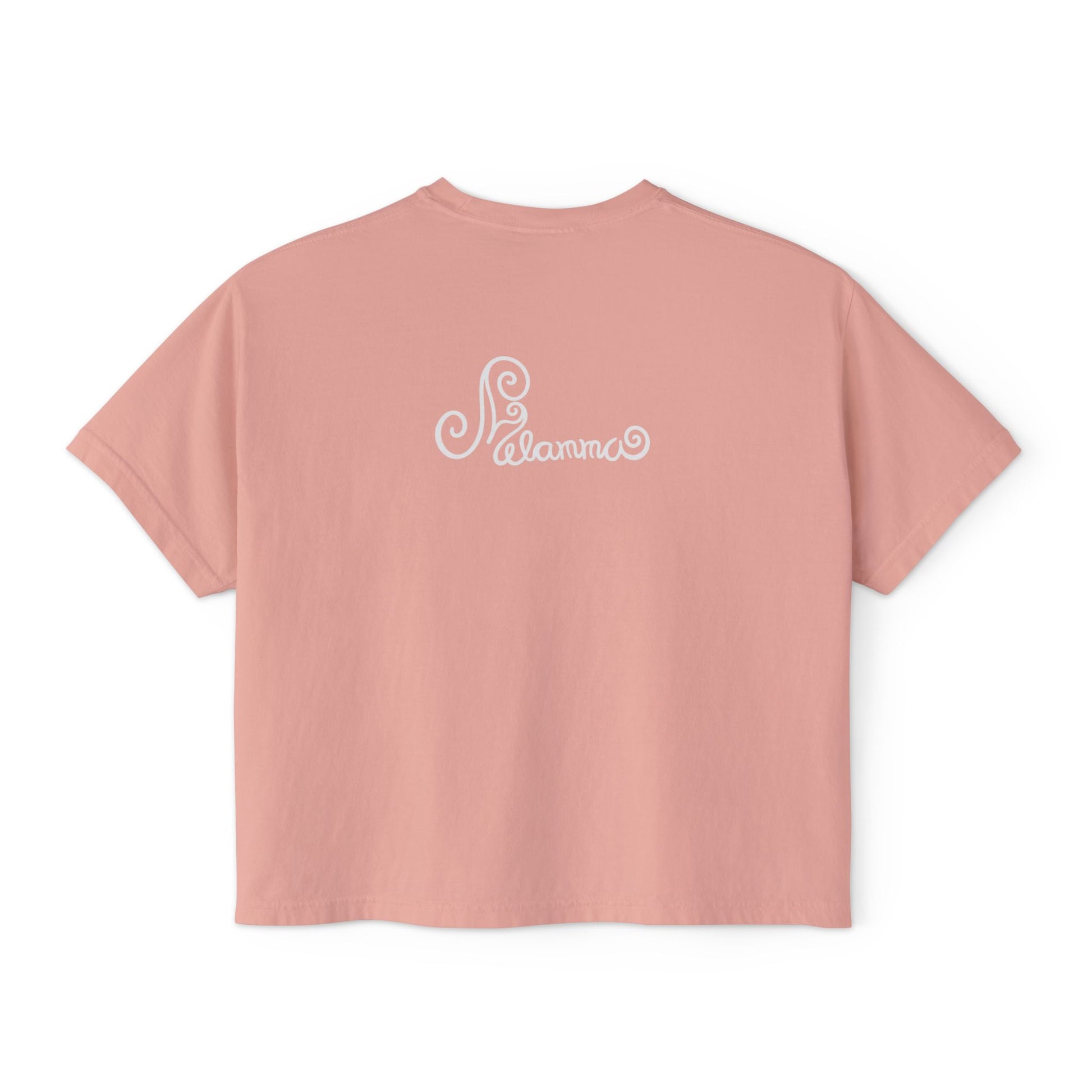 Melammu 8-point star boxy tee in pink— red 8-point star on a light blue circle with yellow centre, white Melammu logo on back