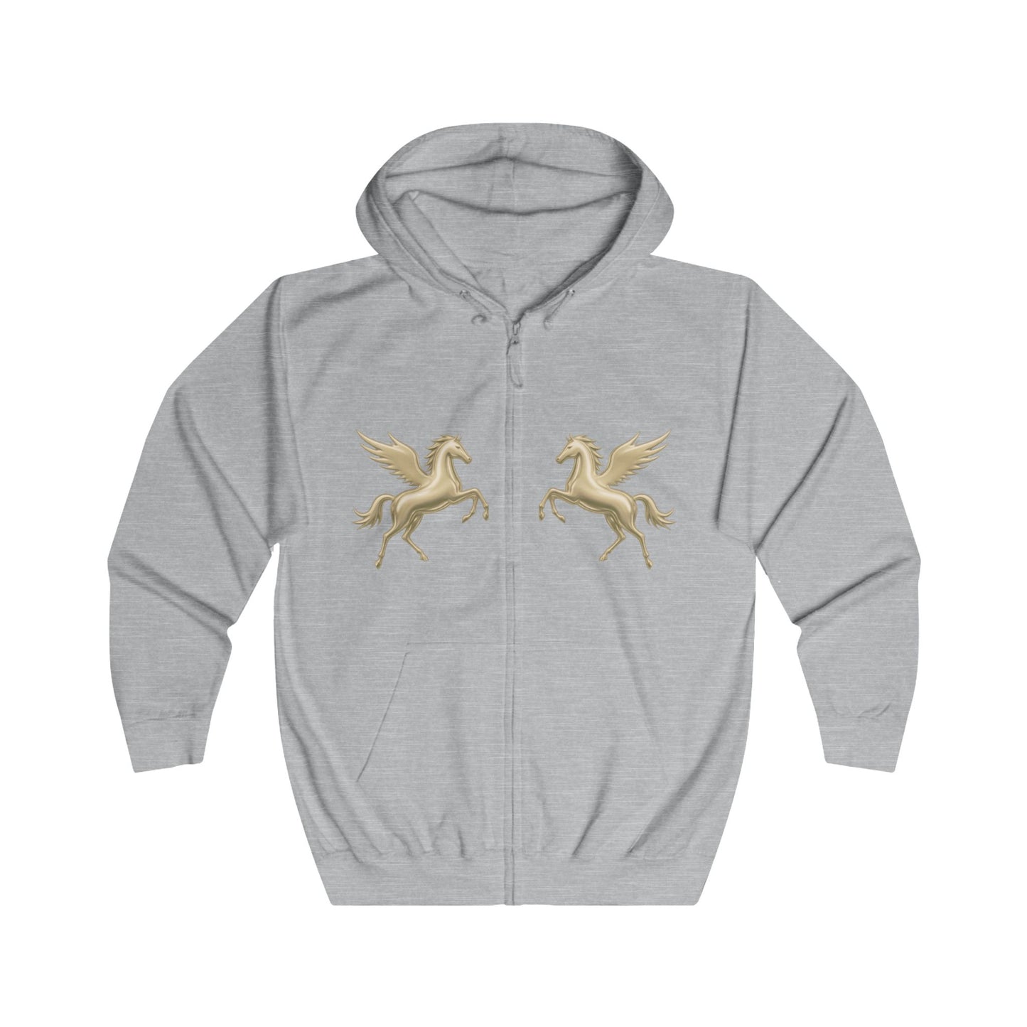 A grey zip-up hoodie with two gold Pegasus designs printed on the chest and Melammu gold drip back logo