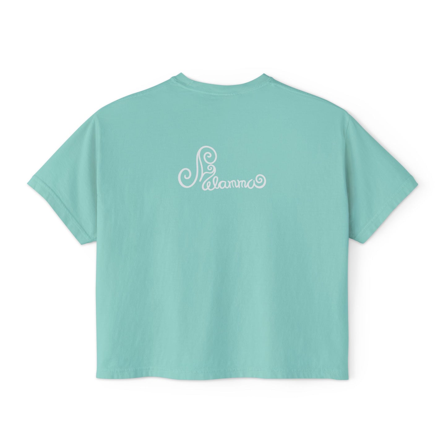 Melammu 8-point star boxy tee in chalky mint — red 8-point star on a light blue circle with yellow centre on the front, white Melammu logo on back