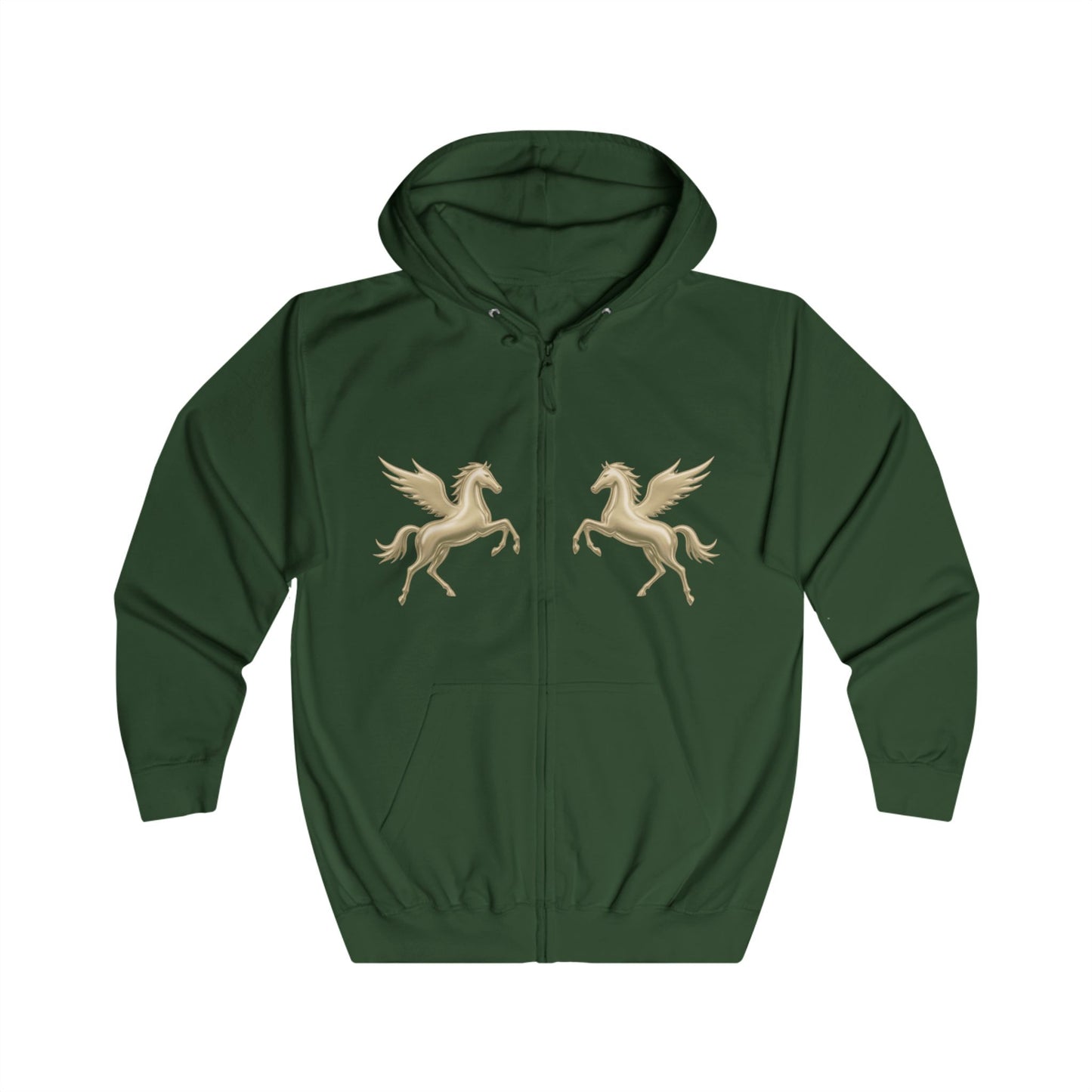 A dark green zip-up hoodie with two gold Pegasus designs printed on the chest and Melammu gold drip back logo
