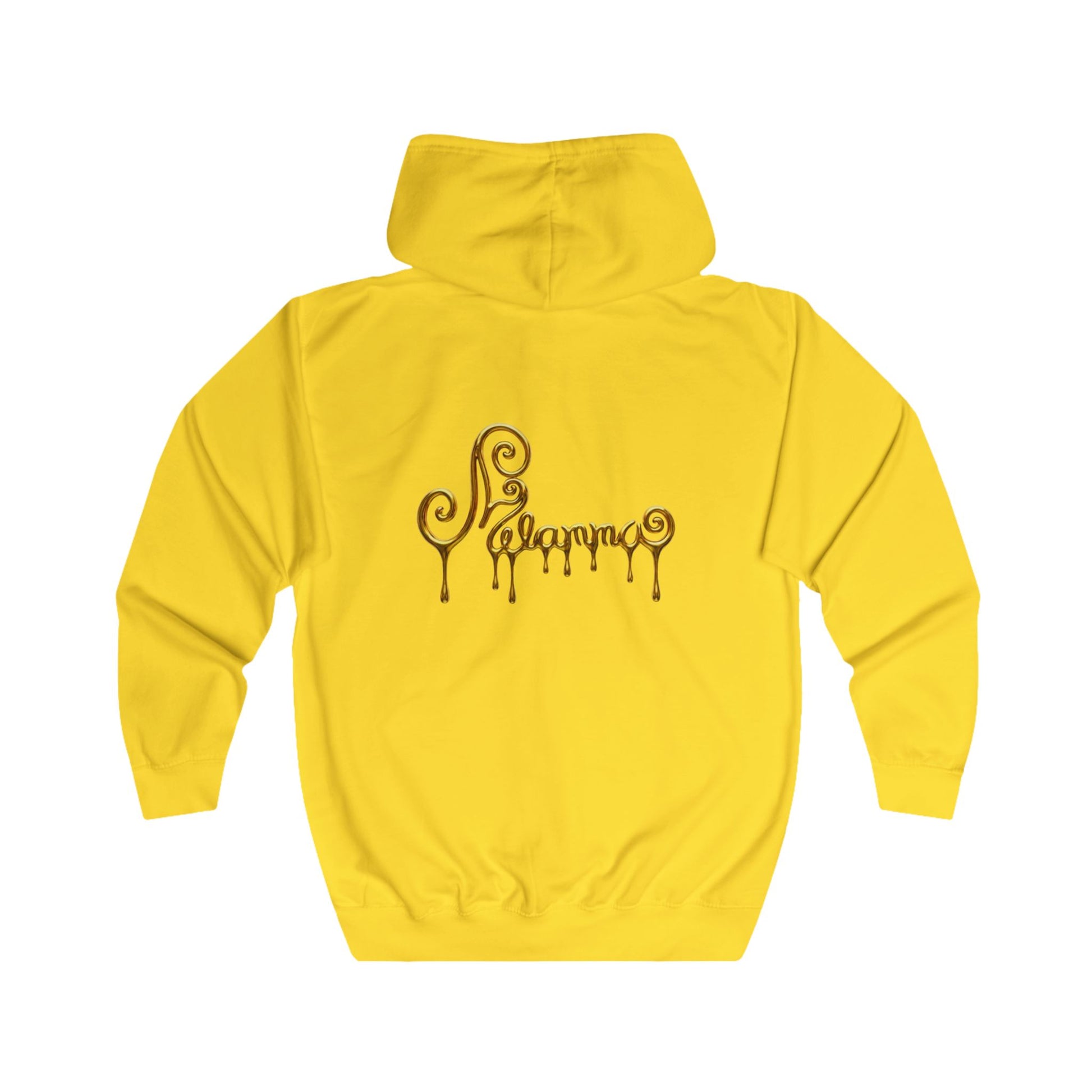 A yellow zip-up hoodie with two gold Pegasus designs printed on the chest and Melammu gold drip back logo