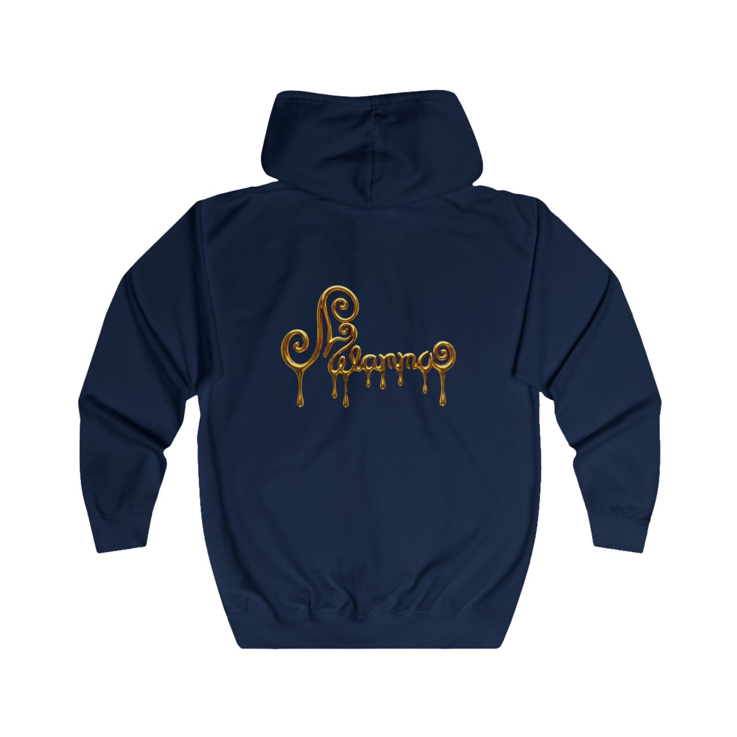 A Navy blue zip-up hoodie with two gold Pegasus designs printed on the chest, Melammu liquid gold on the back.