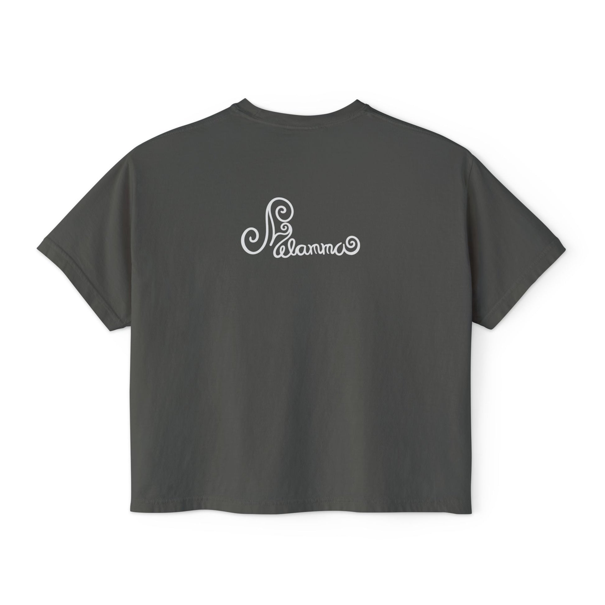 Melammu 8-point star boxy tee in dark grey — red 8-point star on a light blue circle with yellow centre, white Melammu logo on back