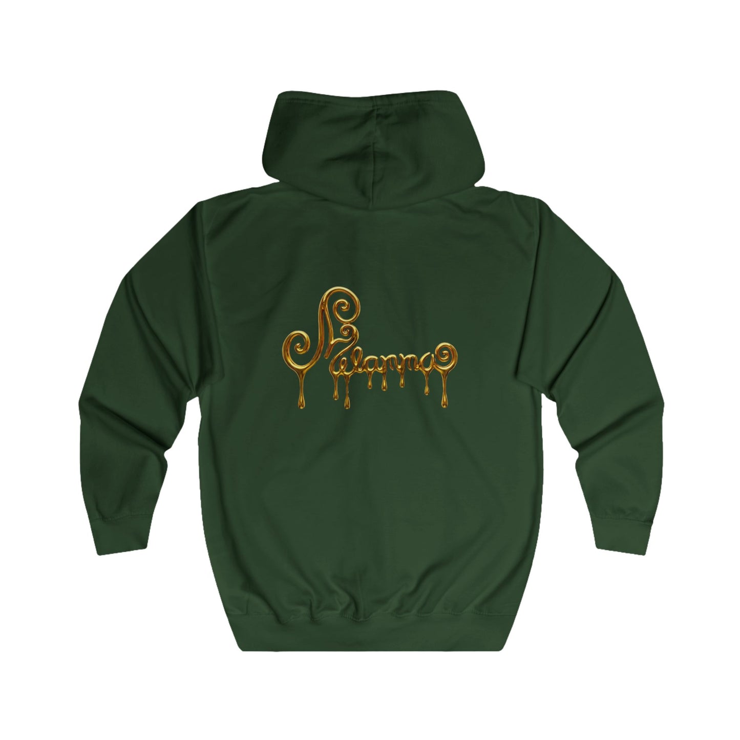 A dark green zip-up hoodie with two gold Pegasus designs printed on the chest and Melammu gold drip back logo